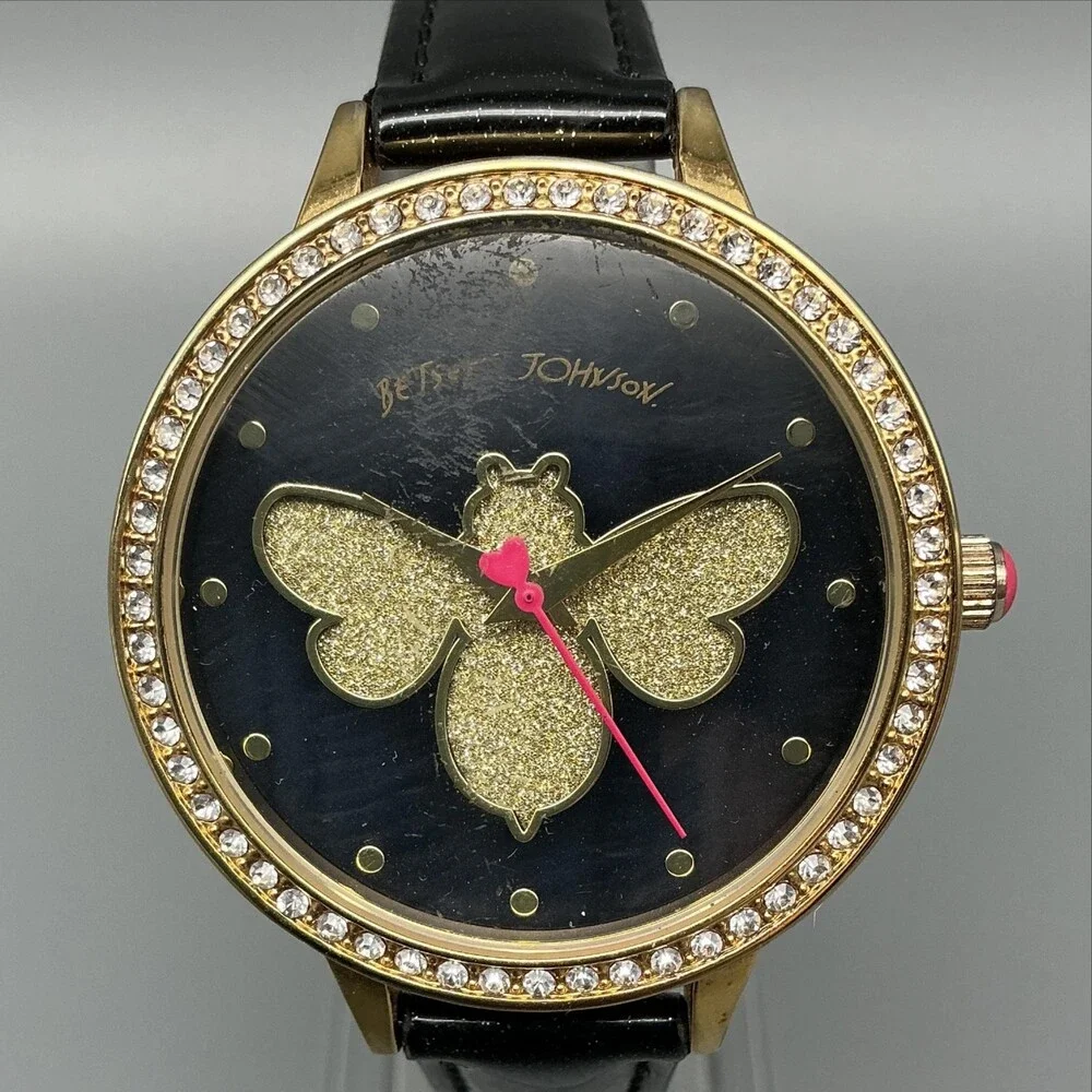 Betsey Johnson Womens Watch 39mm Black Bee Dial Gold Tone Leather New Battery